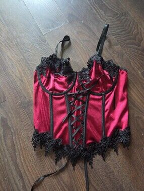 Red Satin Lace-Up Bustier with Black Lace Trim, No Brand, Temu, New W.o Tags